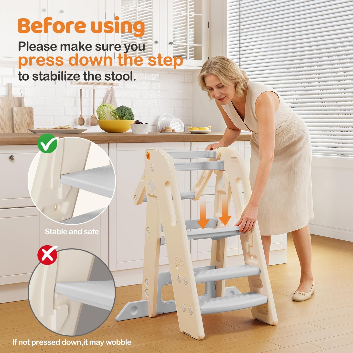 Onasti Foldable Toddler Tower Kitchen Stool Helper, Adjustable Height Learning Standing Tower with Safety Rail, Anti-Slip Steps, Kids Step Stool for Kitchen Counter and Bathroom Sink-Grey