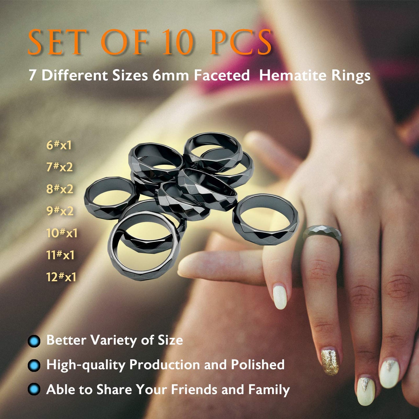 Morchic 10Pcs Pack Hematite Stone Rings for Women & Men, Unisex Faceted Set (6mm Width) - Mixed Sizes 6-12, Chakra Balancing, Polished Gemstone, Gift Ready