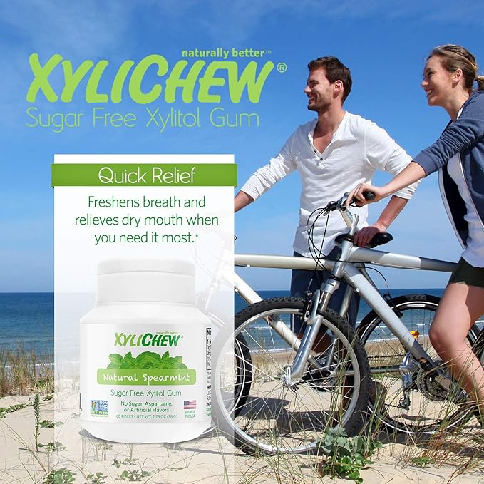 Xylichew 100% Xylitol Chewing Gum - Non GMO, Non Aspartame, Gluten Free, and Sugar Free Gum - Natural Oral Care, Relieves Bad Breath and Dry Mouth - Spearmint, 60 Count