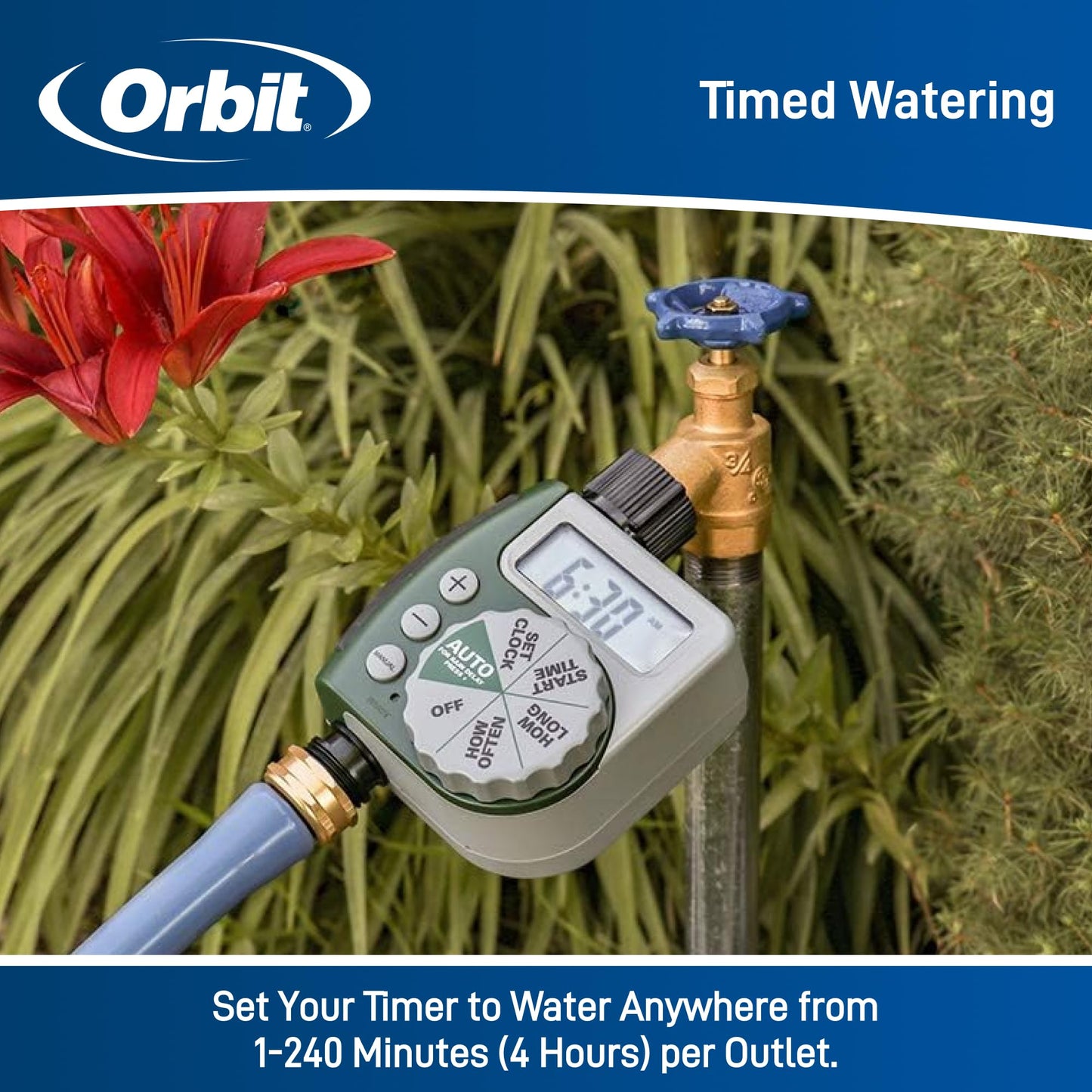 Orbit Programmable Digital Hose Watering Timer - 1 Outlet - Battery Powered - with LCD Screen - Built-in Rain Delay - Water-Resistant - 62061
