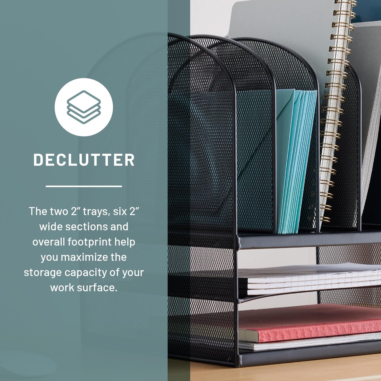 Safco Onyx Desk Organizer, 6 Vertical Compartments and 2 Trays, Office and Classroom Mailbox , Paper and Mail Sorter, Steel Mesh, Black