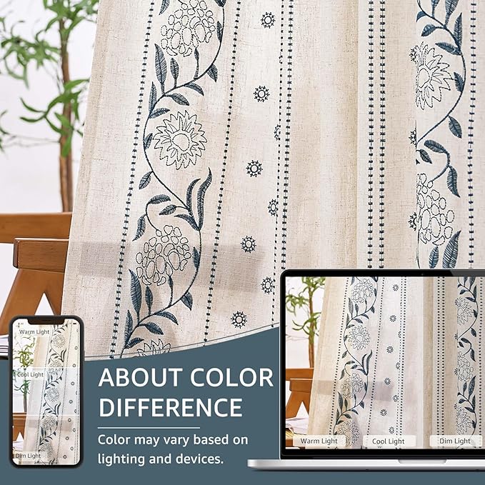 jinchan Winslow Linen Curtains for Bedroom 108 Inches Length Embroidered Bordered Floral Curtains for Living Room Farmhouse Decor Light Filtering Window Treatments Blue on Beige Drapes 2 Panels