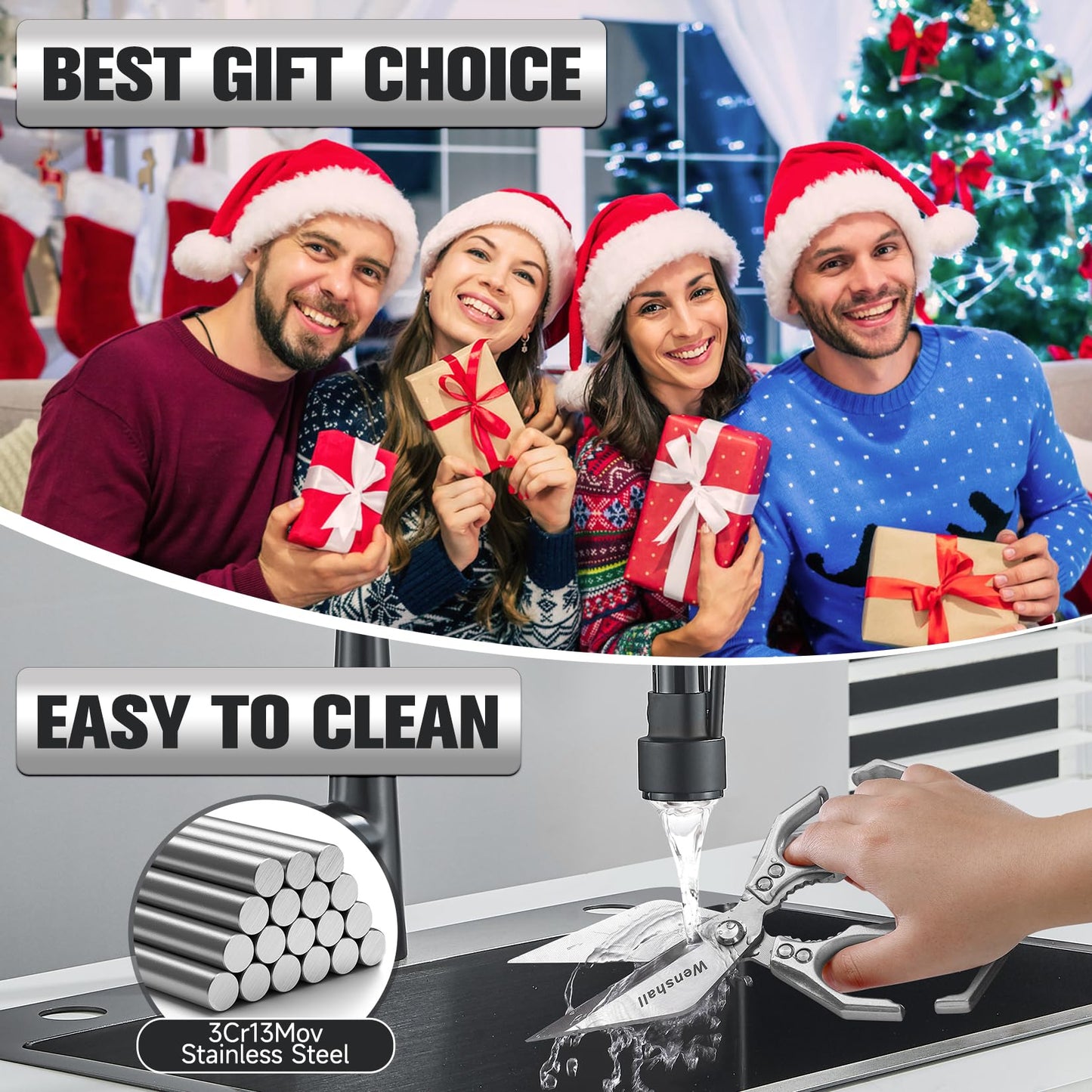 Wenshall 2-Pack Heavy Duty All-Purpose Kitchen Scissors, Stainless Steel, Kitchen Shears for Cutting Chicken, Poultry, Game, Meat - Chopping Vegetable, Dishwasher Safe,Christmas Gifts（Silver）