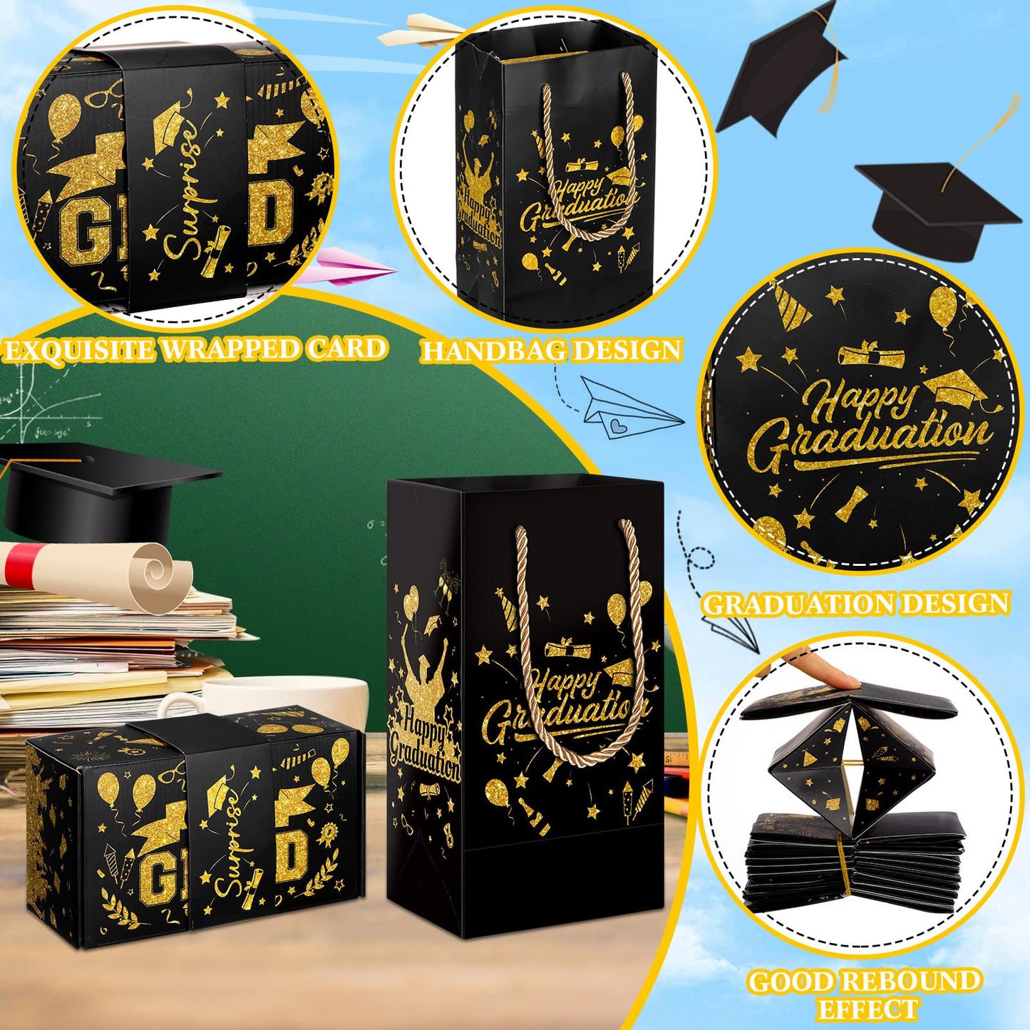 Tenceur 14 Pcs 2026 Graduation Explosion Gift Boxes 12 Bounces Exploding Money Box DIY Congrats Grad Folding Bouncing Gift Box Money Cash Explosion Gift Box for Grad College Party Favors(Black Gold)