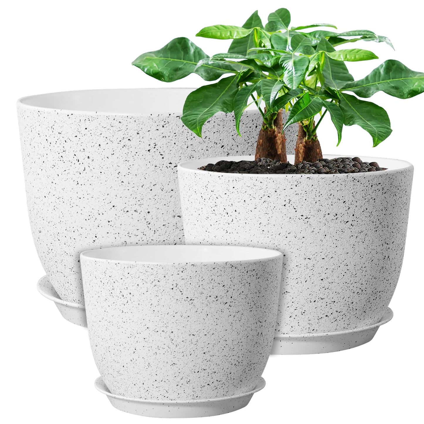 UOUZ 12/10/9 Large Modern Plant Pots, Plastic Planters with Drainage Holes and Saucers for Indoor Outdoor Plants Flowers, White Speckles