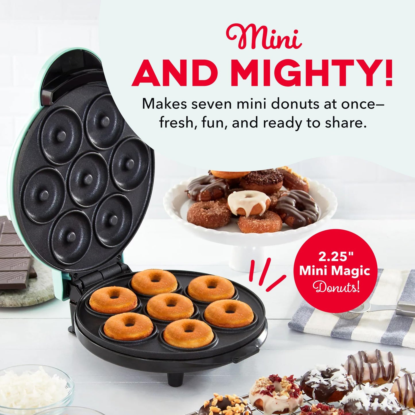 Dash Express Mini Donut Maker - Homemade Dessert Maker - Features Double-Sided, Non-Stick Surface & Space-Saving Design - Makes 7 - Aqua