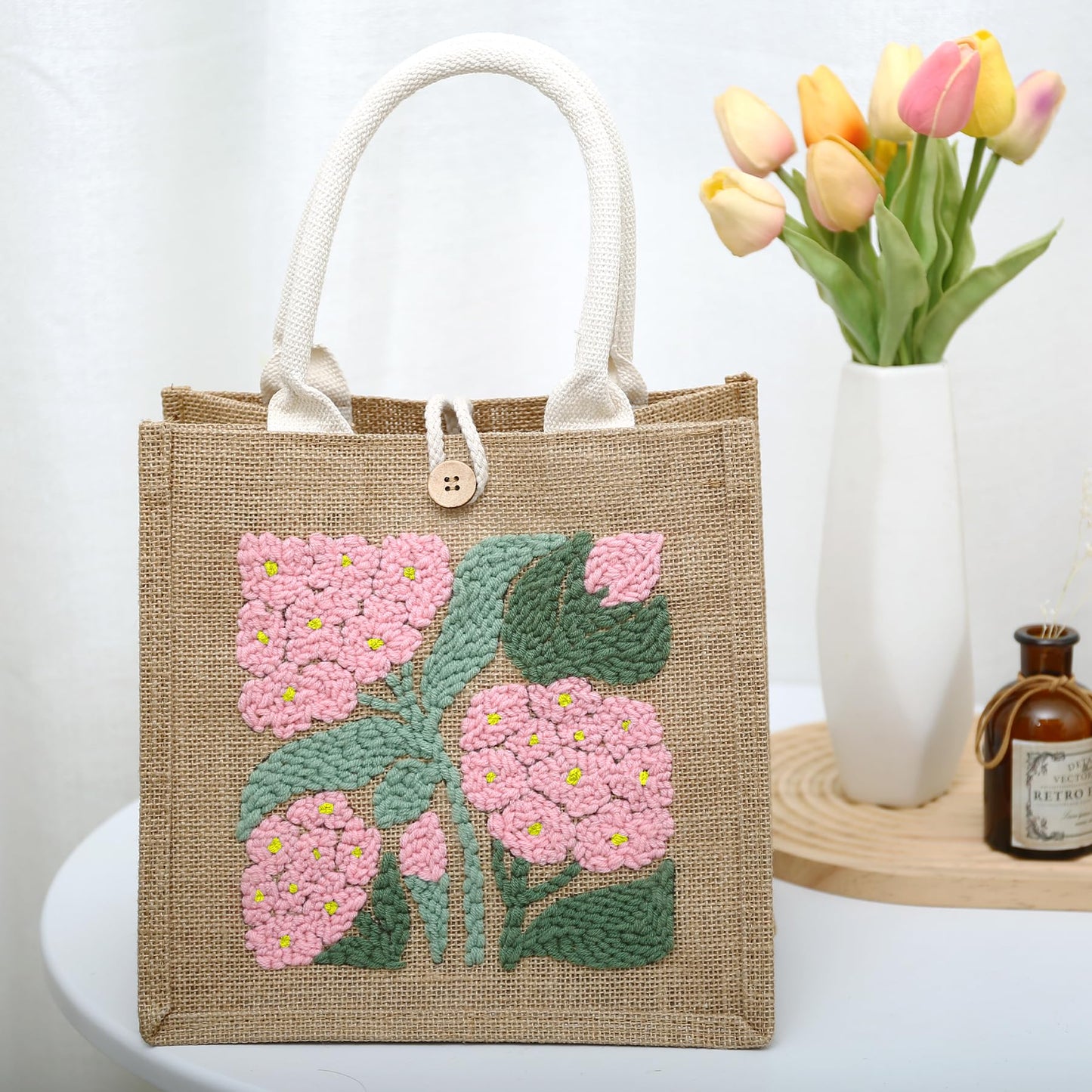 ERNTRNL Punch Needle Tote Bag Kit for Adults Beginner - DIY Punch Needle Embroidery Tote Bag Set, Punch Stitching Bags Kit with Instructions & Video Tutorial,Unique Pattern,Tools (Pink-Green)