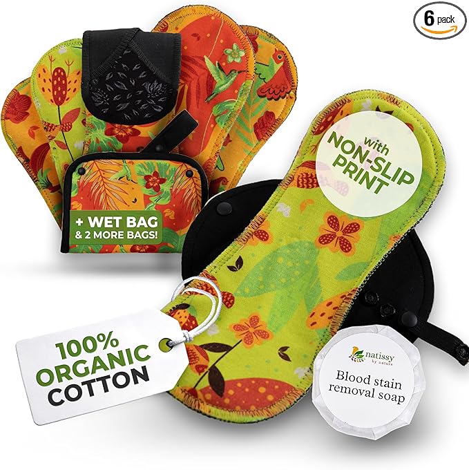 Non-Slip Premium Reusable Period Pads for Heavy Flow & Incontinence (L+XL, 6-Pack); High-Temp Organic Cotton Washable Cloth Pads for Women; Non-Irritating Reusable Pad Menstrual for Comfortable Care