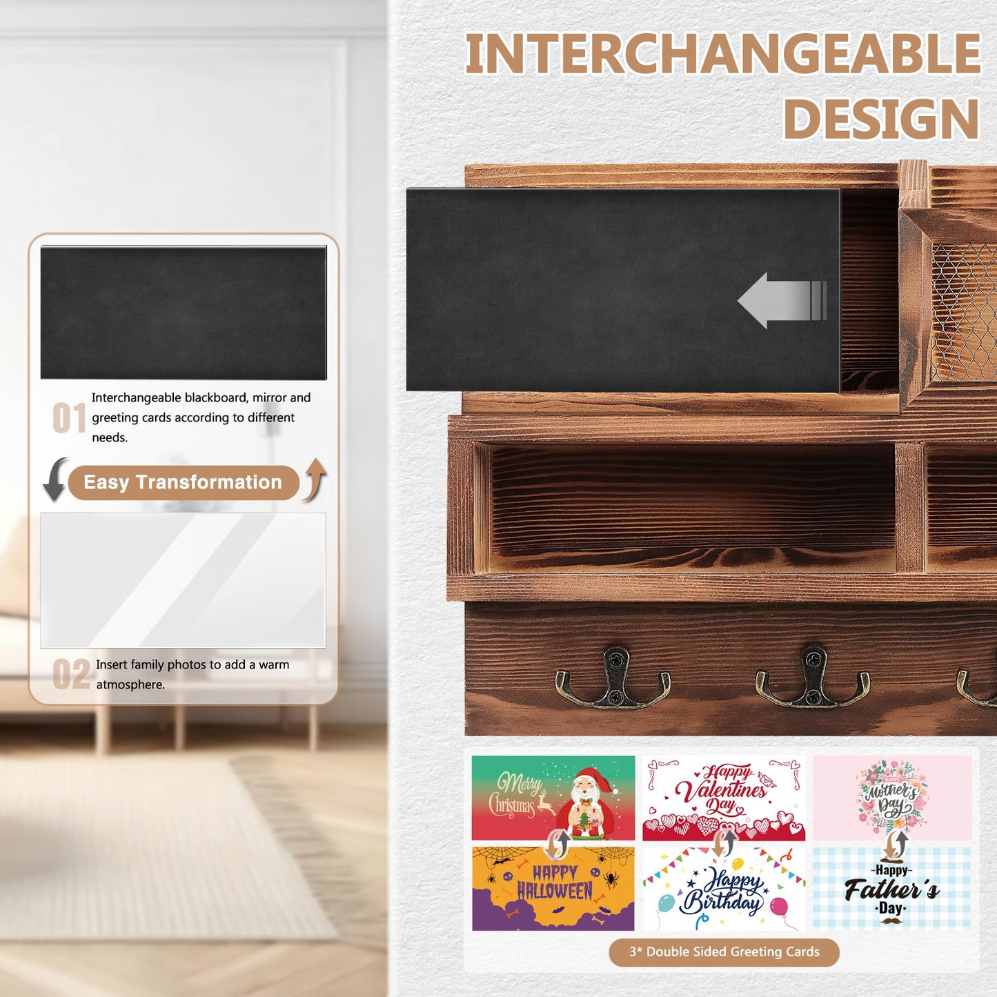 HOMEBROS Key Holder Wall Mount, Wooden Mail and Key Organizer with Chalkboard and Mirror, 3 Greeting Cards, 8 Hooks, Brown, Type 1