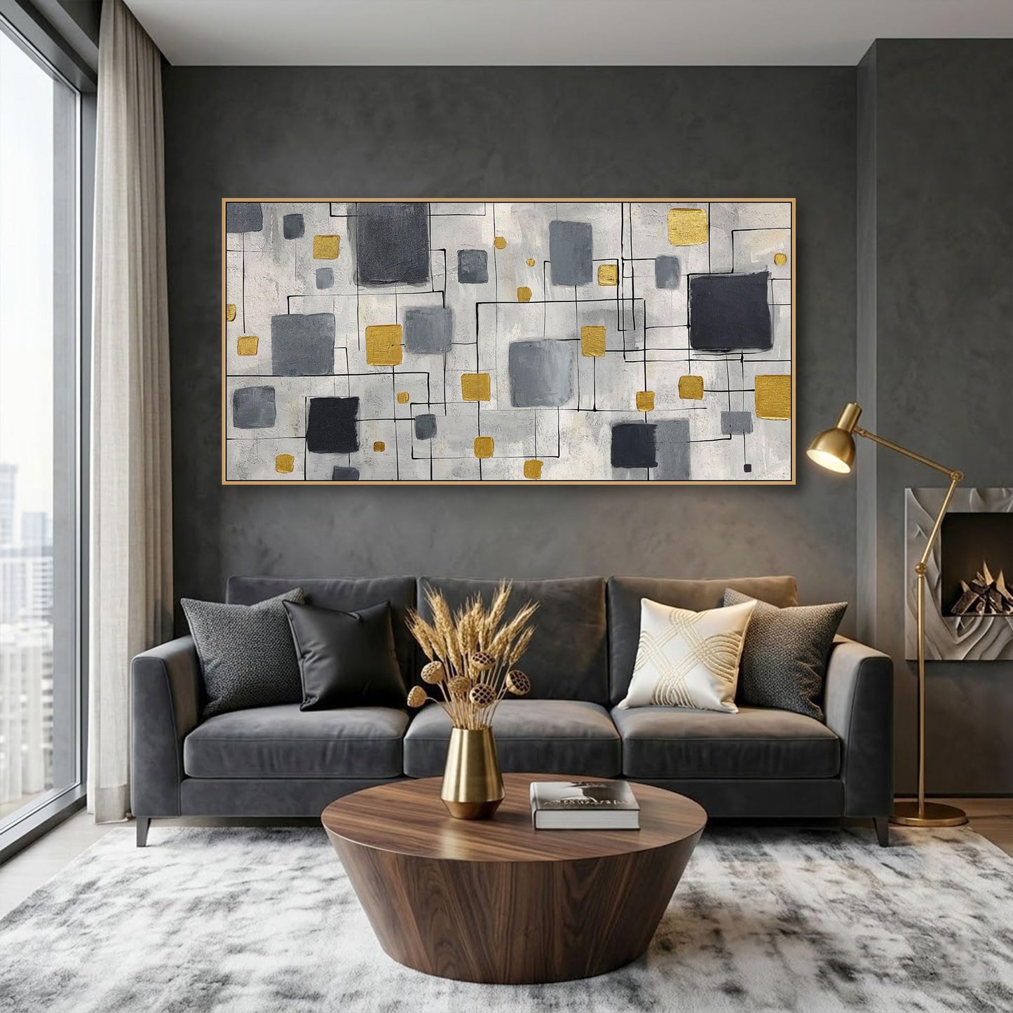 KLAKLA Modern Abstract Wall Art Poster - Black Gold Gray Neutral Decor for Living Room, Bedroom & Office, Unframed, Minimalist Abstract Design 40x20 Inches