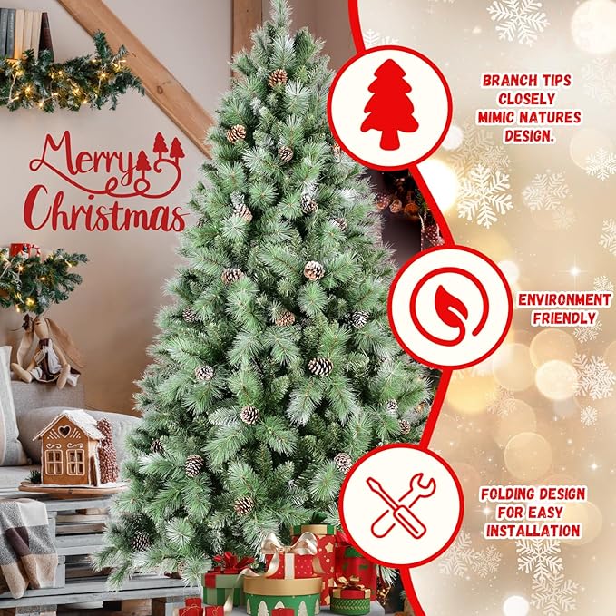8FT Frosted Christmas Tree with 102 Pine Cone & Pine Needles, Premium Unlit Artificial Christmas Tree with 1858 Branch Tips, Realistic Hinged Xmas Trees with Metal Stand for Holiday Decoration