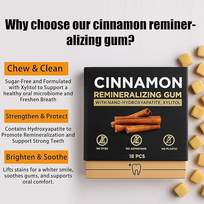 Cinnamon Remineralizing Gum with Nano Hydroxyapatite, Sugar-Free Xylitol and Tree Sap Blend for Daily Oral Freshness, Chewing Gum for Advanced Enamel Protection, No Gluten (2)