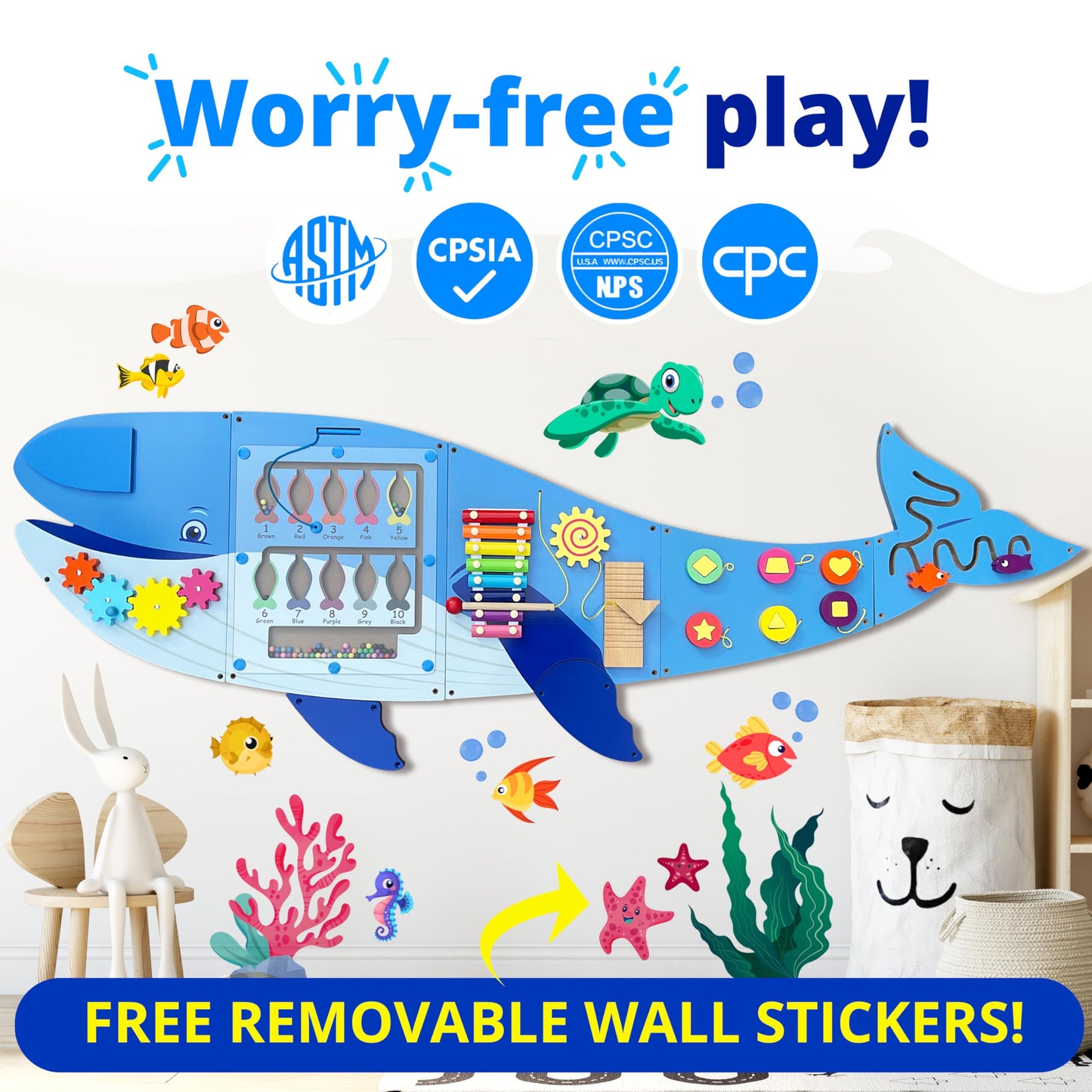 Molcey Sensory Wall Panel for Kids, Includes Removable Theme Stickers, Large Busy Board Wall Mounted Activity Board for Toddlers 1-3, Montessori Wall Toys Interactive Play Panel for Babies Ages 3-5