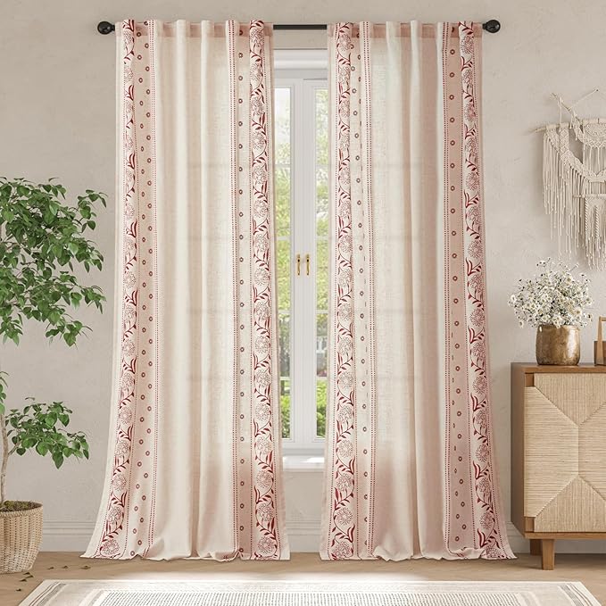 jinchan Winslow Linen Curtains for Bedroom 96 Inches Length Embroidered Bordered Floral Curtains for Living Room Farmhouse Decor Light Filtering Window Treatments Red on Beige Drapes 2 Panels