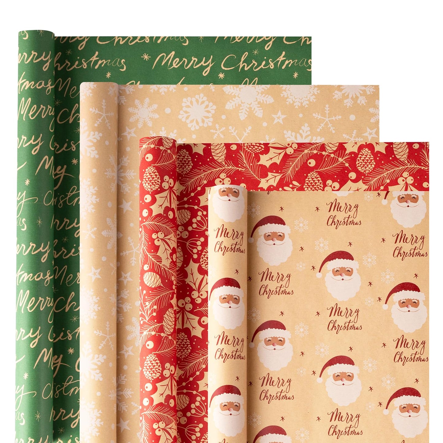 Christmas Kraft Wrapping Paper (4 Rolls, 93 sq. ft. ttl) Santa Claus, Snowflakes, Merry Christmas Script, Pinecones and Foliage Patterns for Holiday Gift Wrap - 17 Inches x 16.5 Feet Per Roll