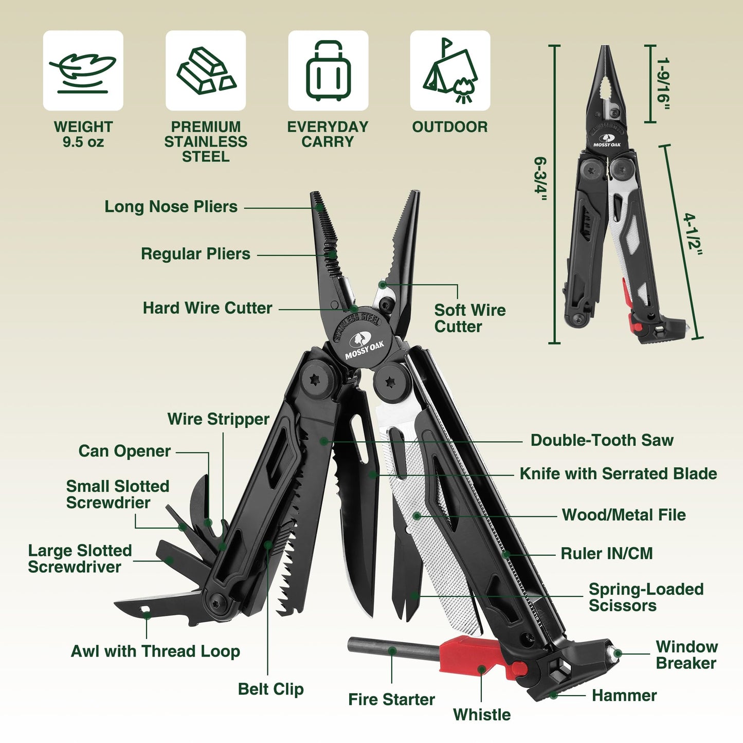 MOSSY OAK Multitool, 19-in-1 Stainless Steel Multi Tool Pliers, Survival Tools with Fire Starter, Window Breaker, Whistler, Self-locking EDC Gear with Sheath for Outdoor, Survival, Camping, Hiking