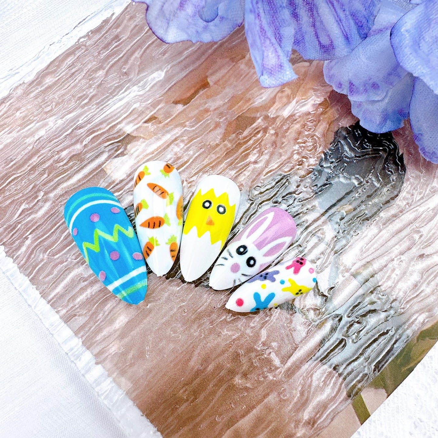 24Pcs Easter Press on Nails Medium Almond Fake Nails with Designs Cute Chick Carrot Bunny False Nails Easter Egg Acrylic Nail Cartoon Rabbit Full Cover Glue on Nails for Women Holiday Nail Decor