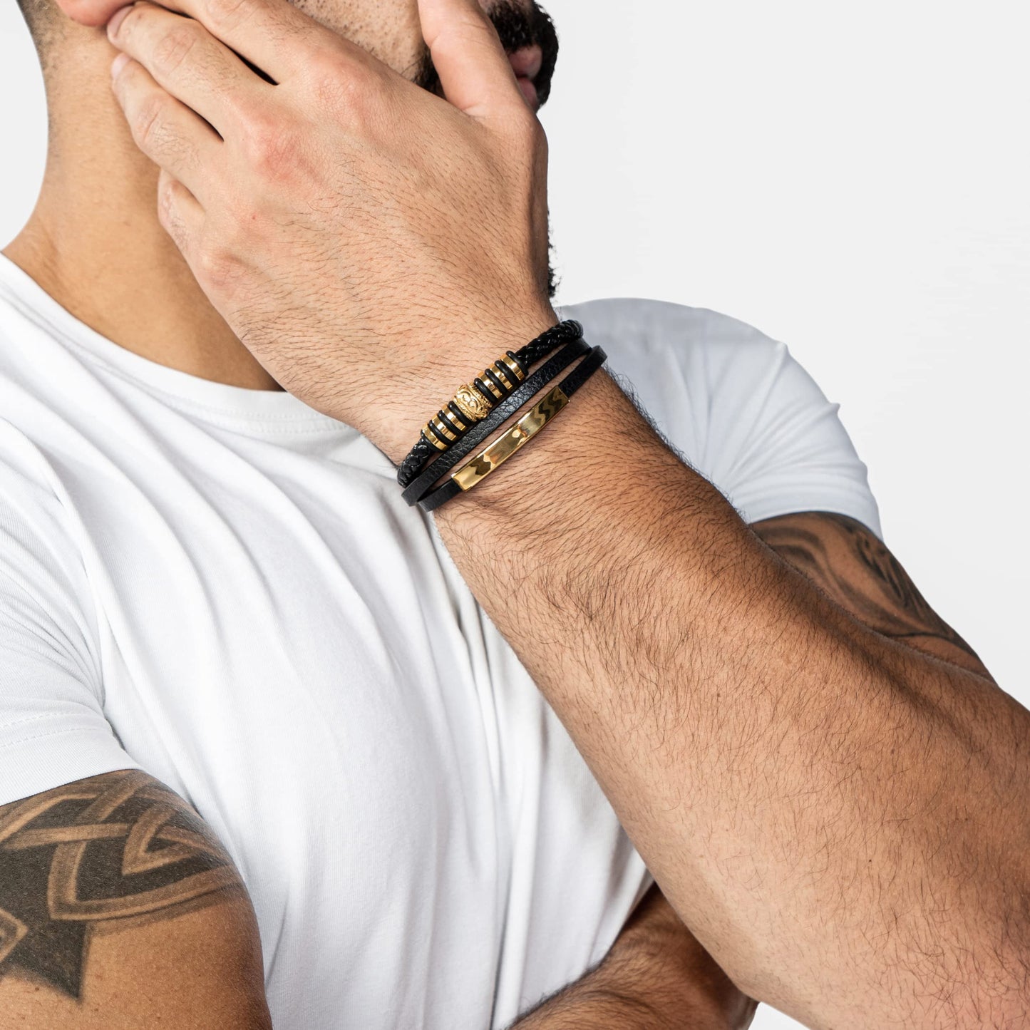 SERASAR Gold Bracelets for Men 17cm Bracelet Gift Box Genuine Leather Cowhide Braided Adjust Able Magnetic Clasp Multi Layer Wrap Rope Man Mans Male Band Jewelry Magnet Accessories