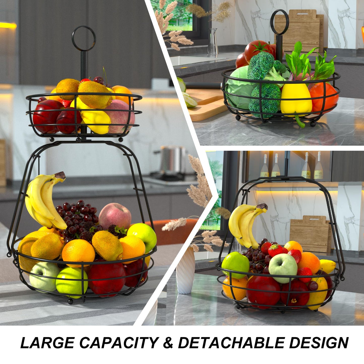ASTLIHO House Warming Gifts New Home, Fruit Basket for Kitchen Counter, 2 Tier Countertop Fruit Bowl Vegetable Baskets with Banana Hanger, Storage Basket for Snack, Home Decor, Kitchen Appliances