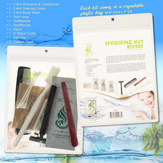 Moda West 96 Hygiene Kits – Bulk Case of Wholesale Deluxe Toiletries for Men, Women, Travel, Charity, Homeless Shelters – 9 Piece Kit for Homeless, Shelter, Disaster Relief, Bathroom, Gym Essentials