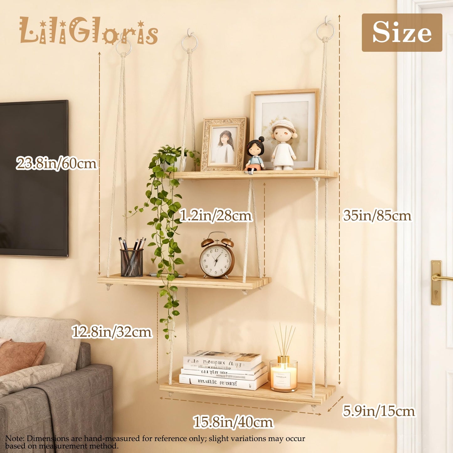 LiliGloris Bohemian Wall Shelf Decor, Natural Unpainted Wood Floating Shelf with Adhesive Mount for Plants & Photo Frames, Decorative & Functional Display for Bedroom Living Room Office Kitchen