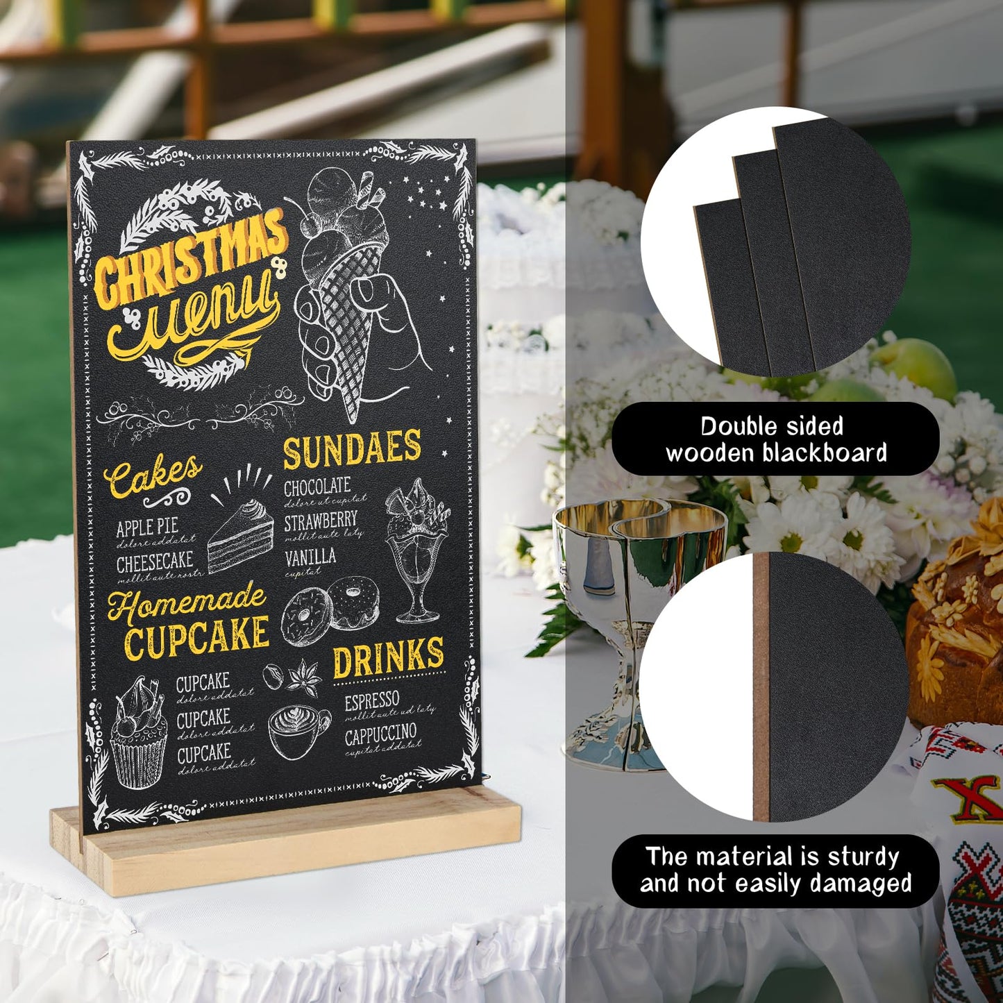BOUBONI 3 Packs Small Chalkboard Sign 5.1x7.9 Inch With Wood Base - Double-Sided Message Boards Menu Stand for Kitchen, Wedding, Bar and Restaurant