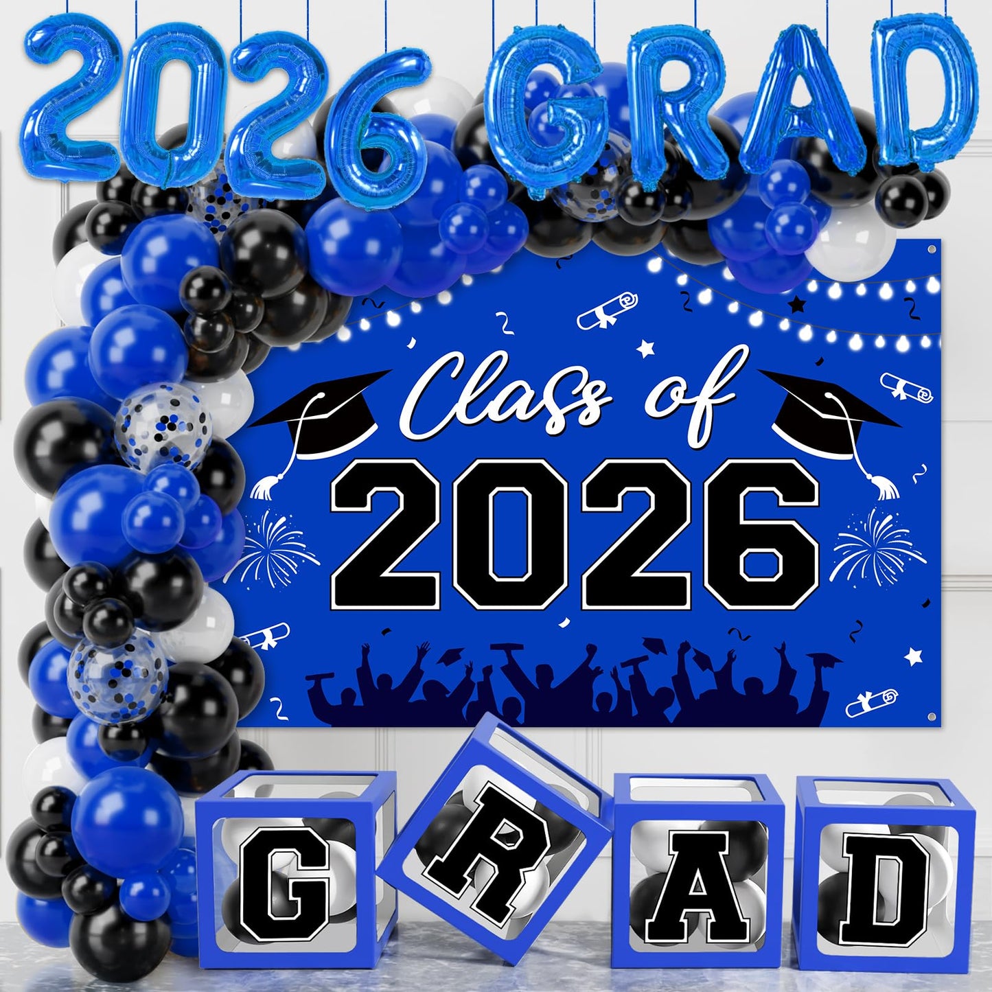 Graduation Decorations 2026, Blue Black Graduation Party Decorations 123pcs Balloon Boxes with Letters, Balloon Arch Kit and Backdrop for 2026 Grad Decor Class of Party Supplies