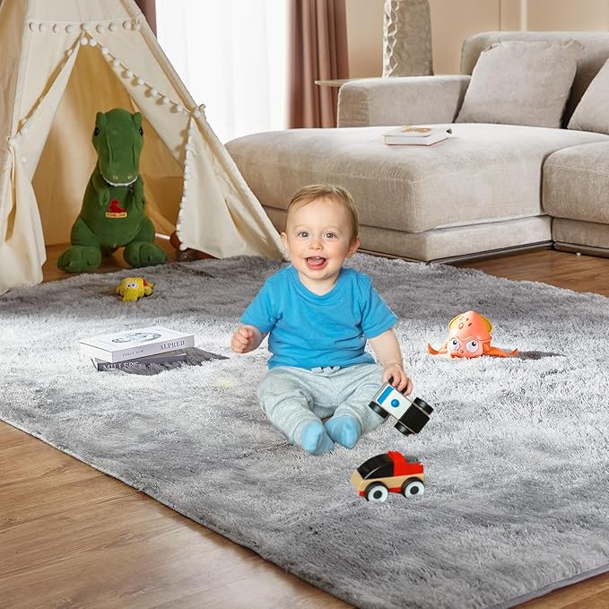 Large Shag Rugs 9X12, Plush Fuzzy Area Rugs for Living Room, Large Shag Fluffy Bedroom Carpet, Furry Rugs for Girls Boys Kids Room, Extra Large Fuzzy Rug, Shag Carpet, Tie-Dyed Light Grey