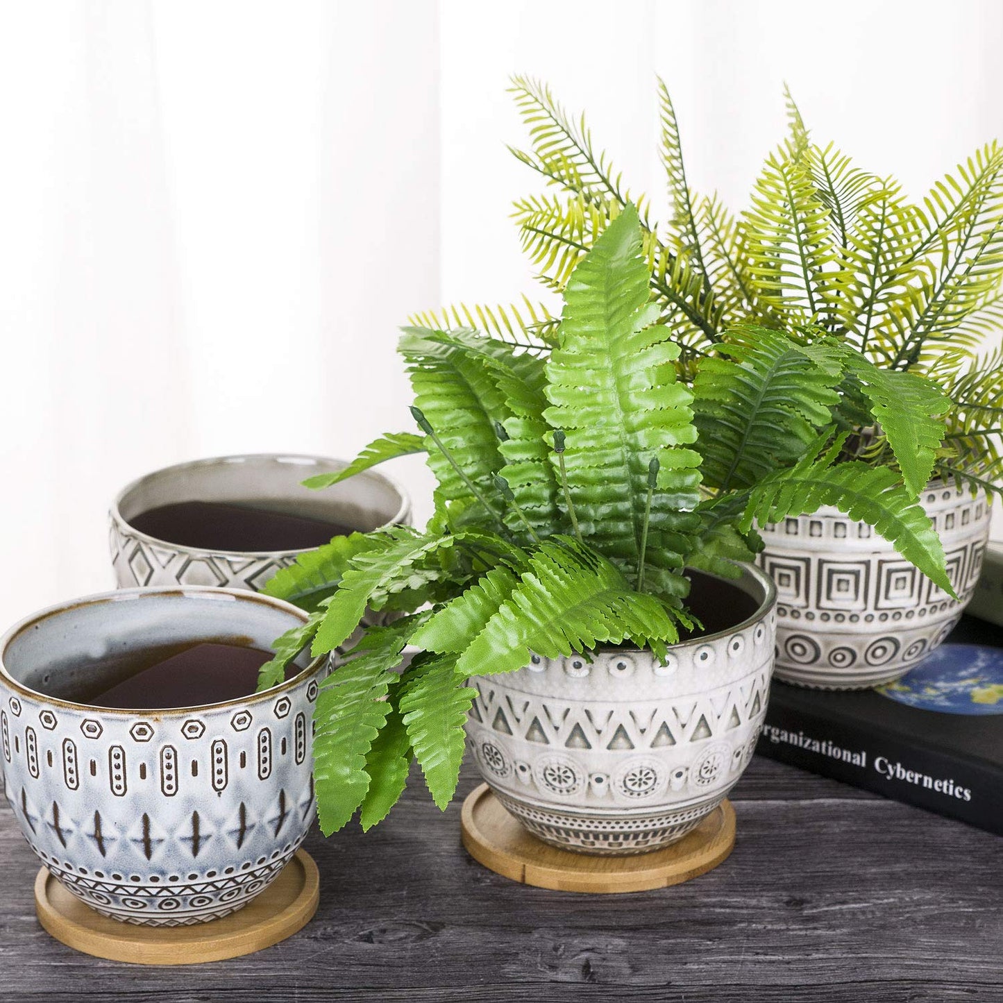 VanEnjoy 5.6 inch Large Round Bohemian Style Ceramic Planter, Geometry Engrave Off White Brown Succulent Planter Flower Pot, Indoor Outdoor Decorative Planter