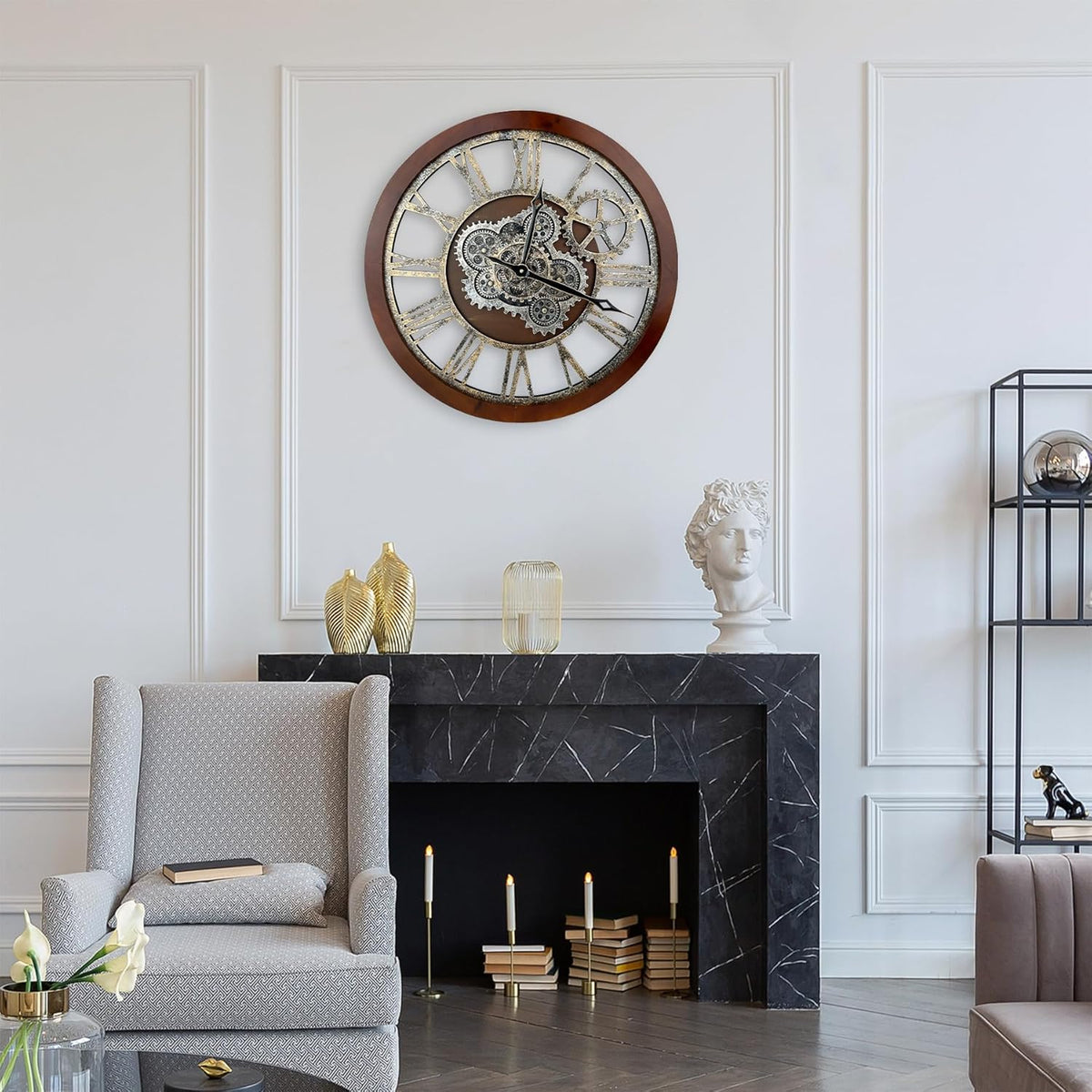 HOIBAI Large Wall Clock, 24 Inch Wall Clocks for Living Room Decor Farmhouse Vintage Rustic Kitchen Wall Decor Vintage Roman Big Oversized Wall Clock for Home Bedroom House Office, Moving Gears Clock