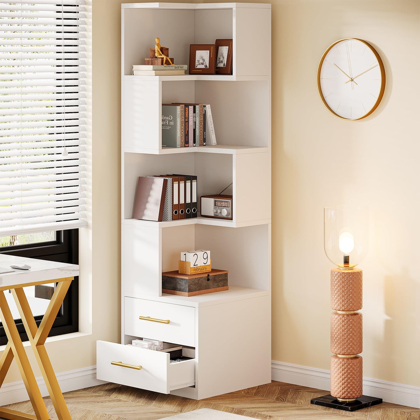 Tribesigns 5-Tier Corner Bookshelf with 2 Drawers, 66.9-Inch Tall Corner Bookcase Shelf, Modern Simple Corner Storage Cabinet Display Rack Shelf for Living Room, Home Office (White)