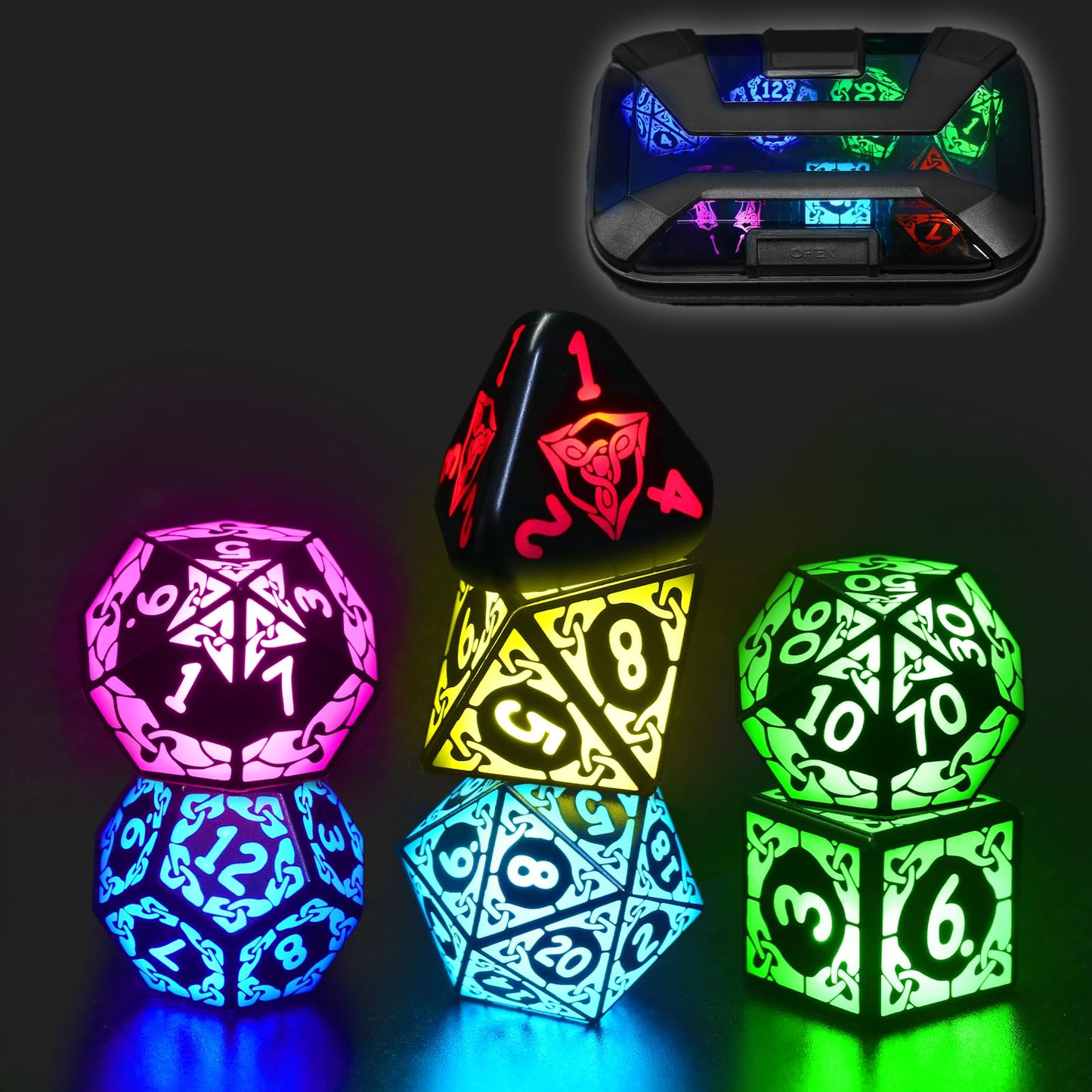 LED Dice with Charging Box，7 PCS RGB Light up Dice for Dungeons and Dragons, Polyhedral DND Dice Set for Tabletop Games Gifts（KS-RGB）