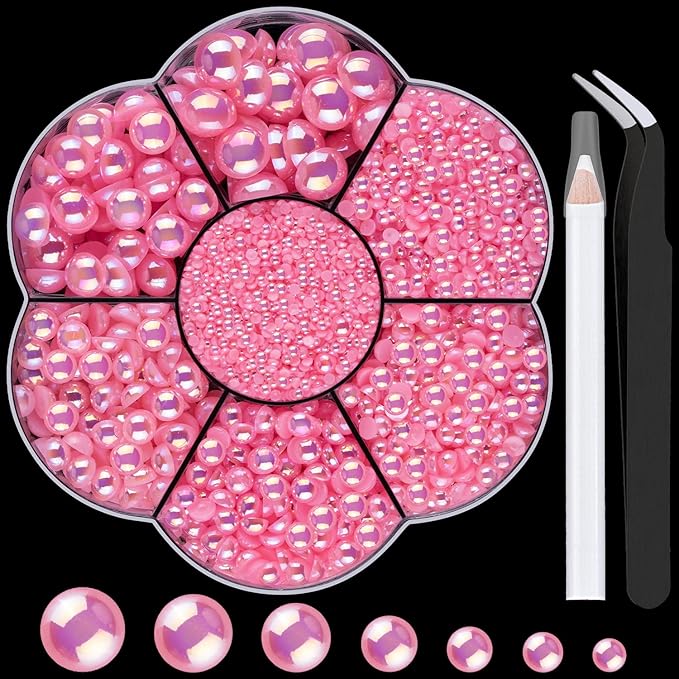 Nail Art Flat Back Half Round Pearl Kits 17, 1 Box of 6000 Pcs Flat-Back Pink AB Pearl with Tweezer and Picker Pencil for Home DIY Nails Body Face Craft and Salon Use