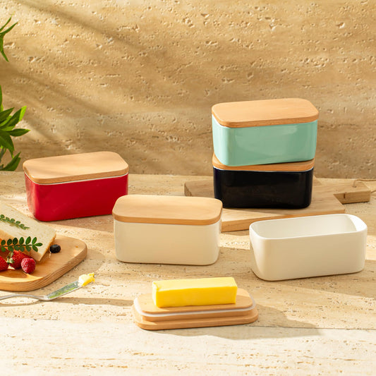 Sweese Large Butter Dish - Airtight Butter Keeper Holds Up to 2 Sticks of Butter - Porcelain Container with Beech Wooden Lid, White
