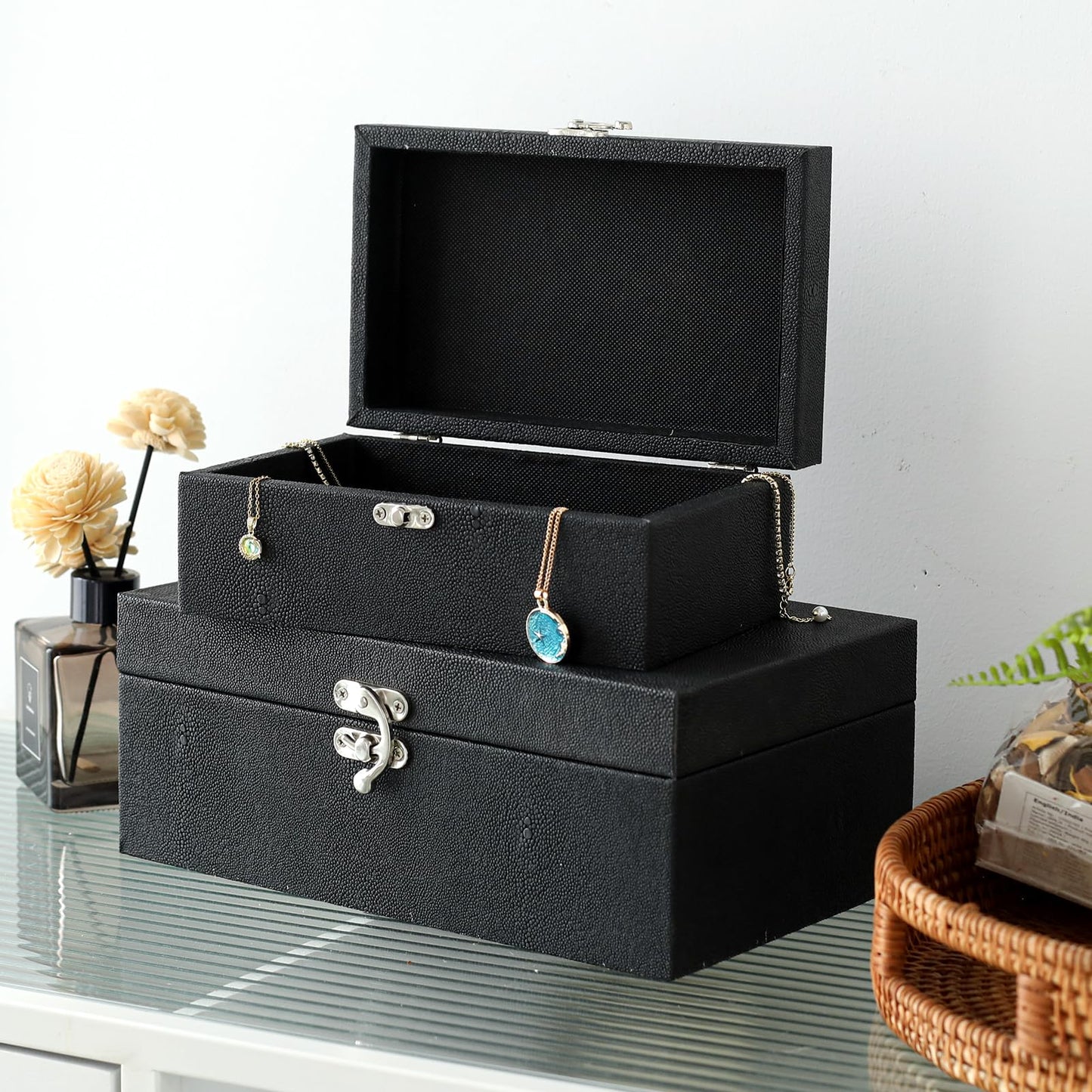 DECOR4SEASON Faux Shagreen Leather Decorative Storage Boxes Set of 2, Black