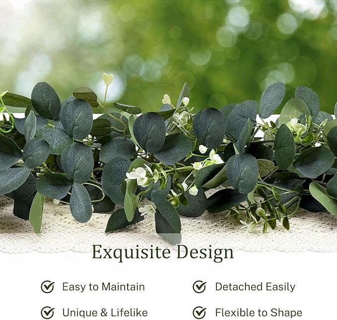 Eucalyptus Garland, 4Pcs 6FT Green Flower Garland Decor, Spring Summer Artificial Faux Eucalyptus Leaves Greenery Vines for Table Runner Wedding Arches Mantle Centerpieces Backdrop Decorations