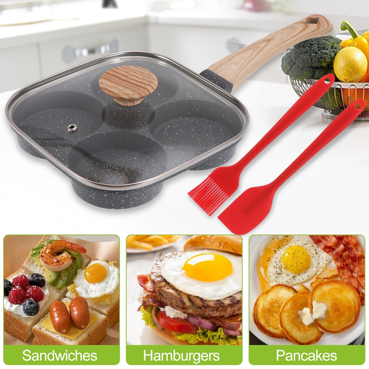 4-Cup Egg Pan, Premium Egg Pans Nonstick, Omelette Pan with Lid , Healthy Egg Frying Pan for Breakfast, Egg Sandwich, Hamburger, Pancake, Egg Skillet Suitable for Gas Stove & Induction Cookware