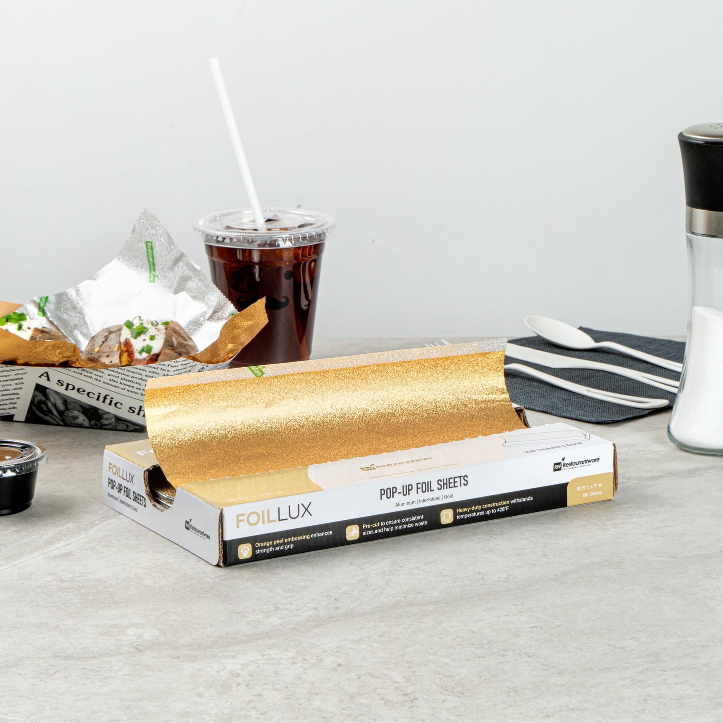 Restaurantware Lux Pop-Up Foil Sheets - 10.8 x 9 Inch, 100 Gold Embossed Aluminum Foil Papers, Greaseproof, Freezable & Oven Ready