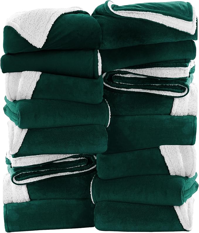 IR Imperial Rooms Emerald Green Sherpa Fleece Throw Blanket for Bed - Wholesale Bulk Pack of 16 Sherpa Blankets - Soft Fluffy Throw Blankets for Hotels, Guest Bedroom, 50x60 Inches