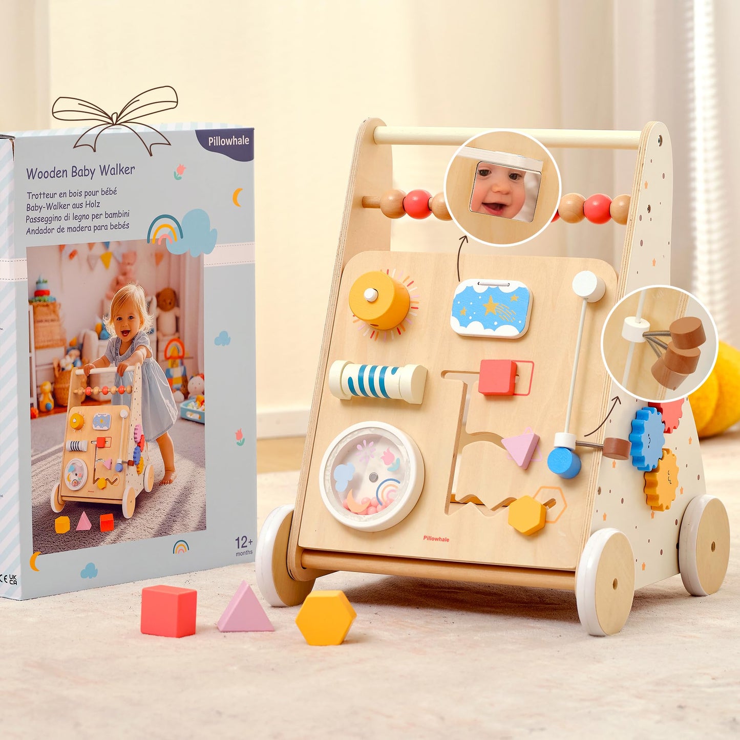 Pillowhale Wooden Baby Walker for Toddlers Learning to Walk, Push Walker Toy with Montessori Activity Center & Adjustable Brake, 12M+ (Spring Bird)