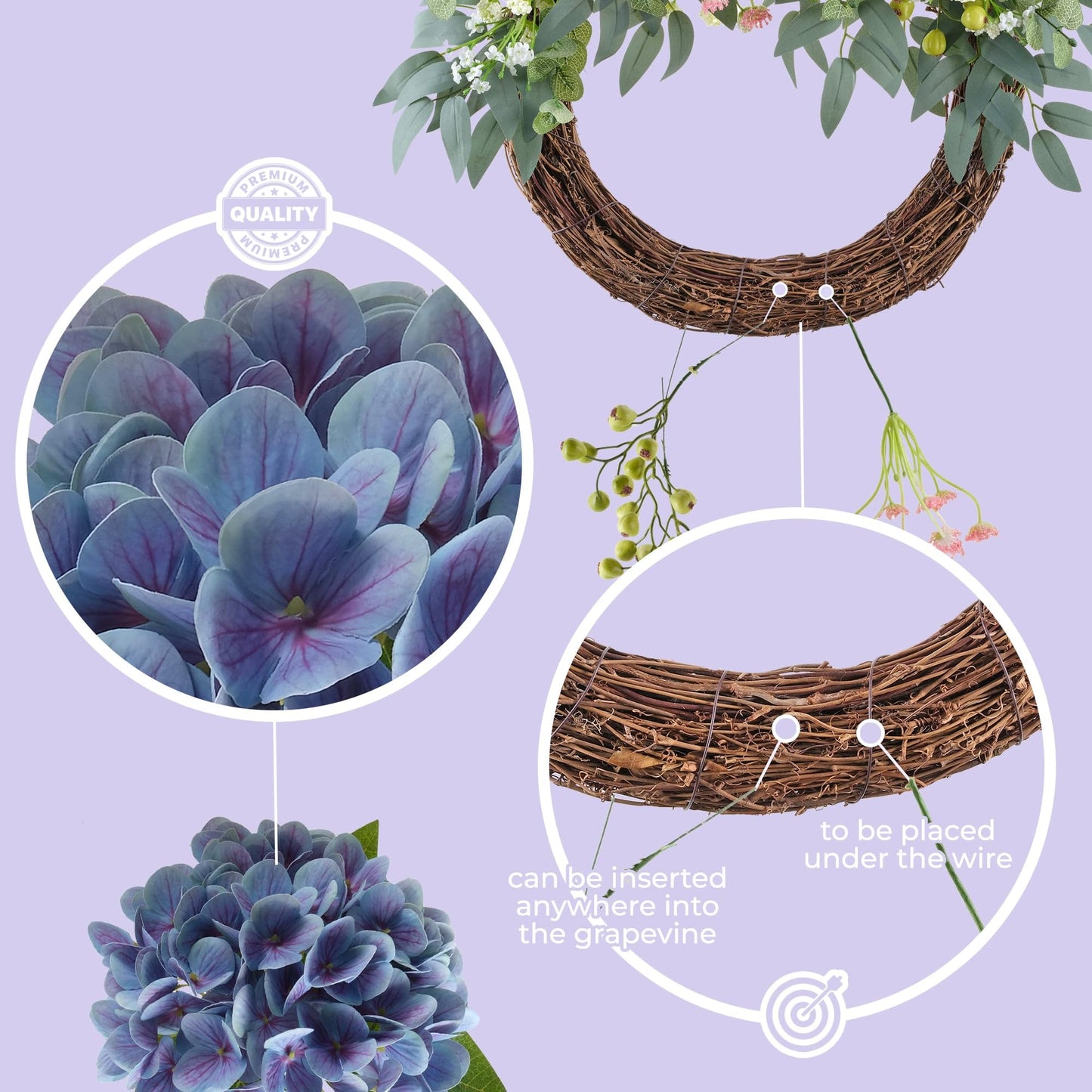 All-Season Interchangeable Grapevine Wreath - DIY Kit with Faux Silk Flowers, Leaves and Berries - Front Door Decor for Spring, Summer, Fall and Winter