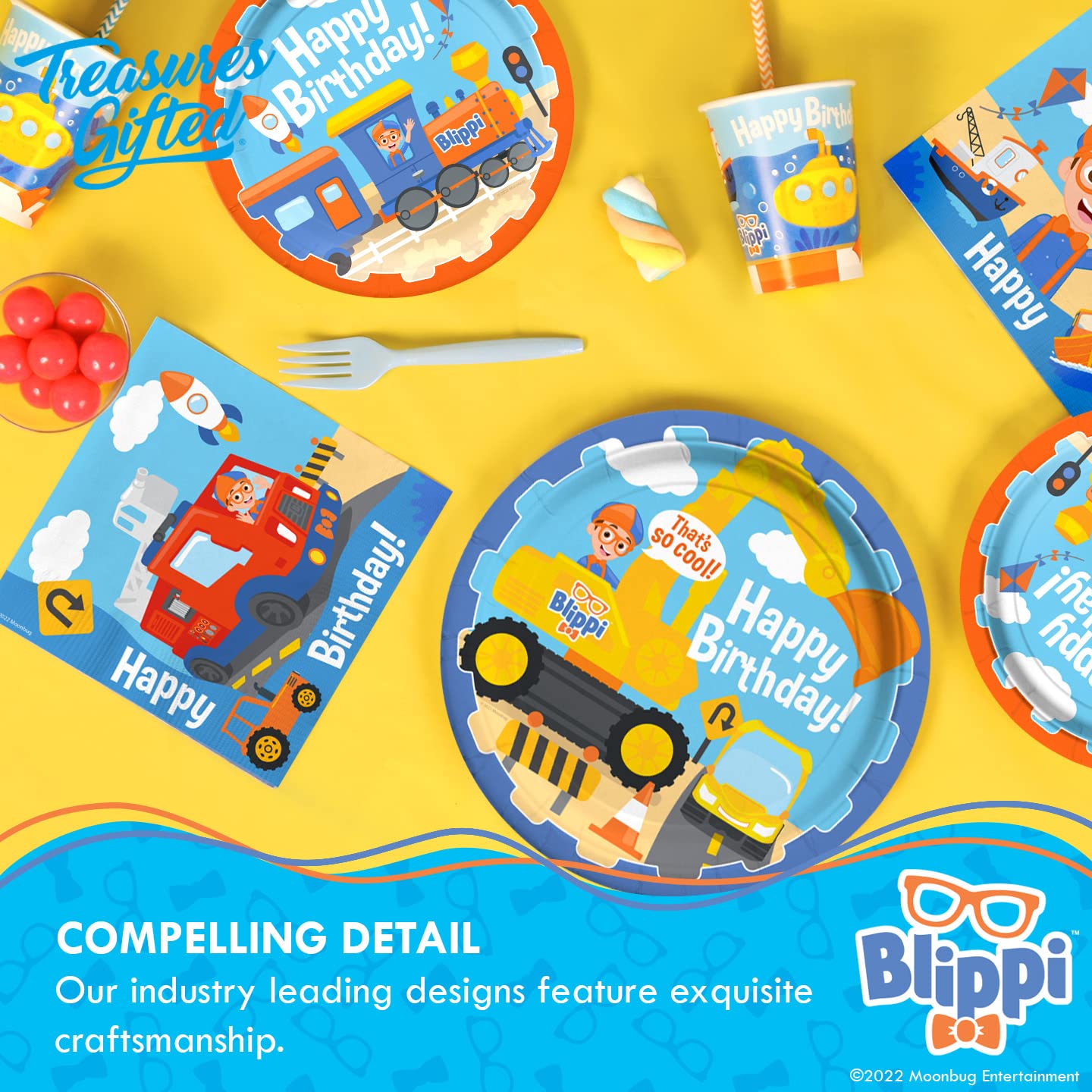 Treasures Gifted Officially Licensed Blippi Birthday Decorations Vehicle - Cake Topper Set - 1 Blippi Cake Topper & 24 Cupcake Toppers & Wrappers - Cake Decorations - Party Supplies