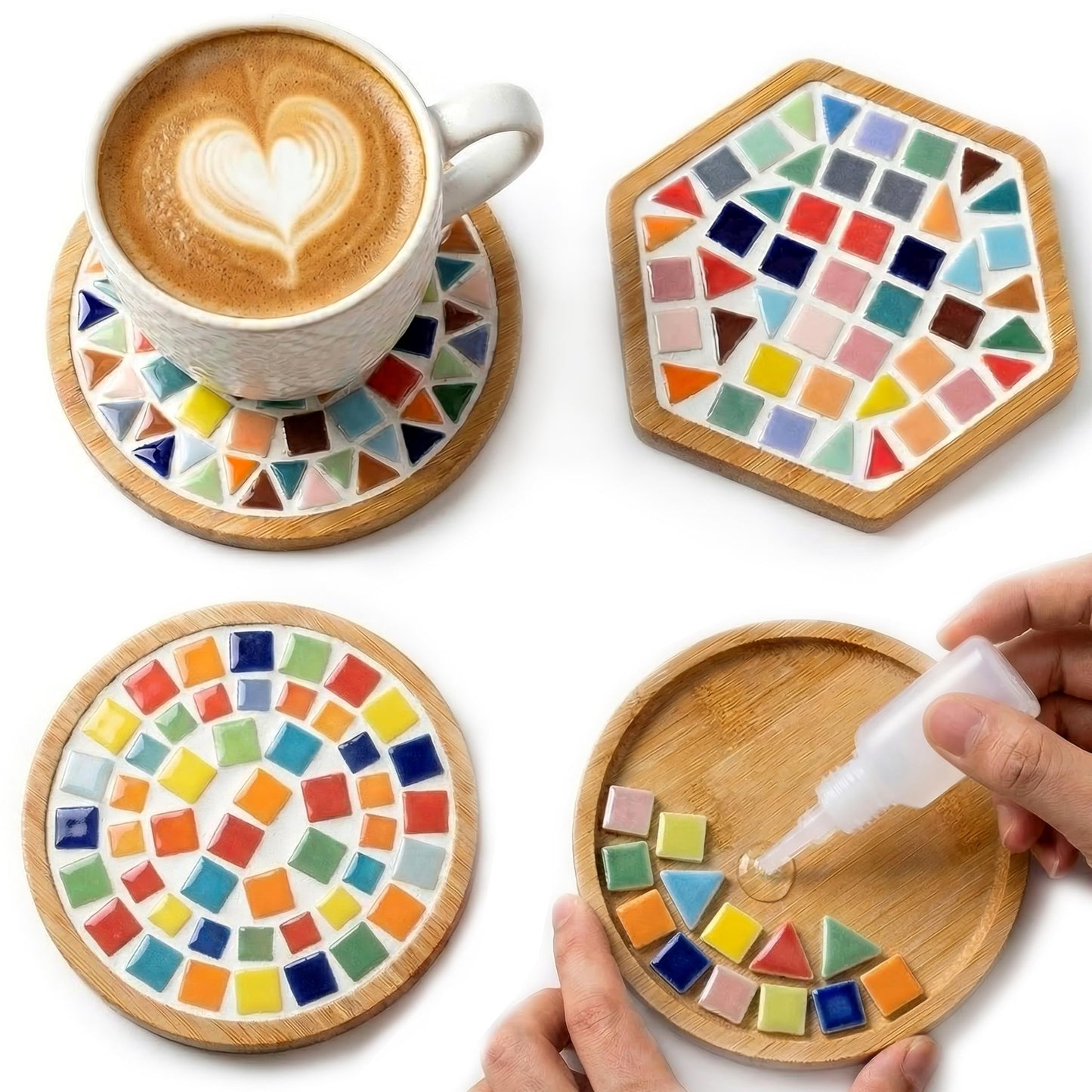 Nuyoach DIY Mosaic Coaster Kits for Adults Craft,2 Sets Ceramic Arts and Crafts Tile Kit with Wooden Coasters,Glass Mosaic Adult Craft Kits for Women Seniors Handmade Gifts Home Decor