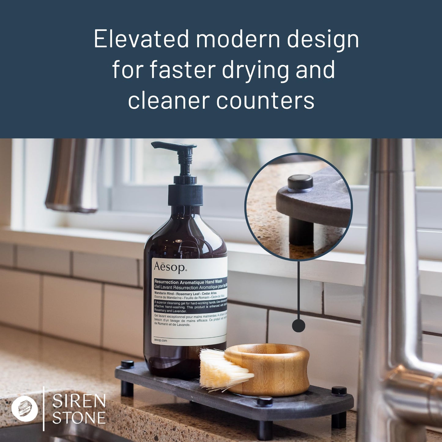 Siren Stone Premium Sink Caddy – Water-Absorbing Diatomaceous Earth Tray for Sink, Elevated Stainless Steel Feet, Non-Toxic, Fast-Drying, Kitchen or Bathroom