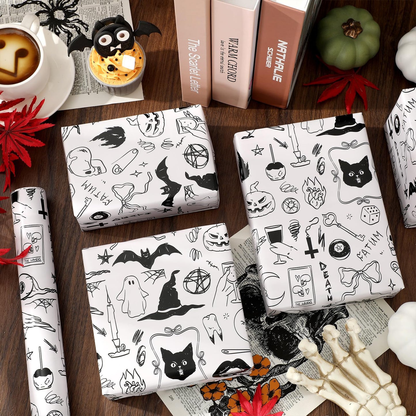JarThenaAMCS Halloween Wrapping Paper - Mini Roll - 17 Inch x 32.8 Ft Black Cat Ghost Bat Gift Wrap Paper Single-Sided for Home Party DIY Crafts