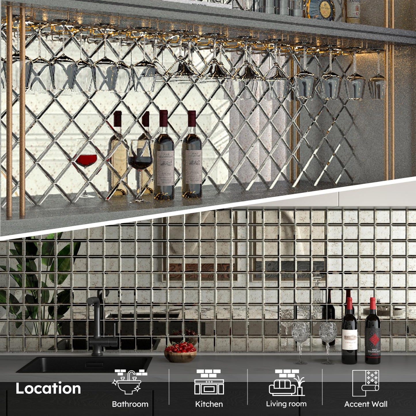 Diflart Peel and Stick Mirror Backsplash, Light Antique, 3x3 Inch, Beveled Mirror Square Kitchen Bar Wall Tile (2 Sq.ft, 32 Pcs)
