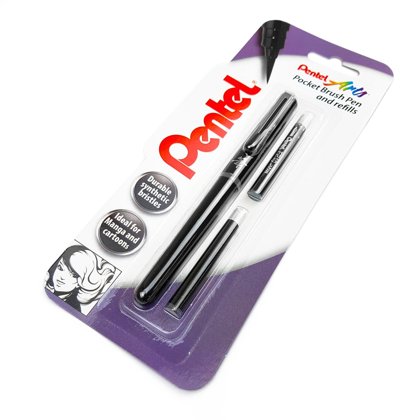 Pentel Refillable Pocket Brush Pen - with 2 Gray Ink Cartridges - Black Barrel
