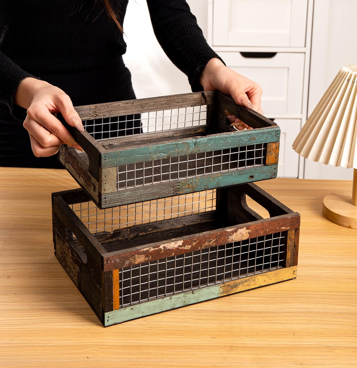 TIMRIS Set of 2 Rustic Wooden Countertop Baskets, Farmhouse Distressed Nesting Boxes, Small Decorative Wooden Storage Crates, Reclaimed Wood Organizer Baskets with Wire Mesh (Random)