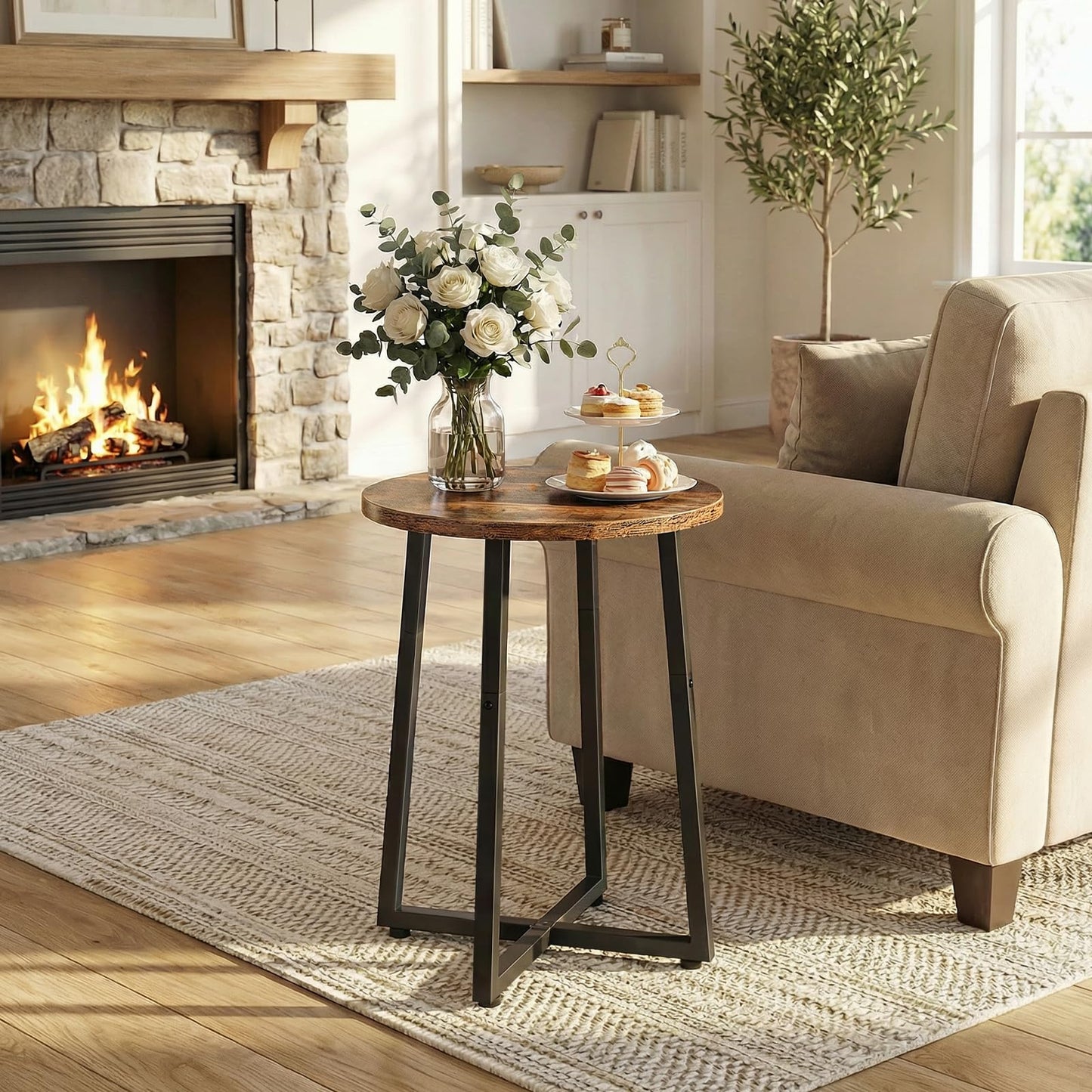 HOOBRO Side Table, Round End Accent Table with Sturdy Metal Frame, 15.7" Round Nightstand, for Living Room, Bedroom, Balcony, Office, Rustic Brown BF95BZ01