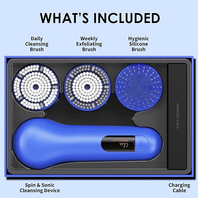 Spinning & V-Sonic Face Scrubber, NågraCoola 3.0 Facial Cleansing Brush, Waterproof & Rechargeable Face Scrub Brush for Men & Women with 3 Brushes, 3 Intensities, 2 Action Modes - Blue